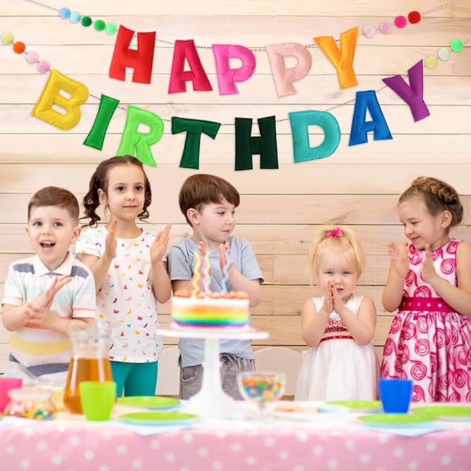 Pre-Strung Happy Birthday Banner,Felt Ball Garland HAPPY BIRTHDAY Pennant Flag,Colorful Rainbow-Birthday Decorations, Multicolor BuntingTriangle Flags,Party Decor,Photo Prop(43 Pcs)
