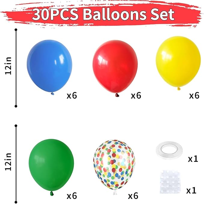 Dagelar Red Yellow Blue Balloons, Rainbow Assorted Latex Balloons, Red Blue Green Yellow with Colourful Confetti Balloon, for Birthday, Festival, Carnival Circus, Robot Blocks, Video Game Party Decor