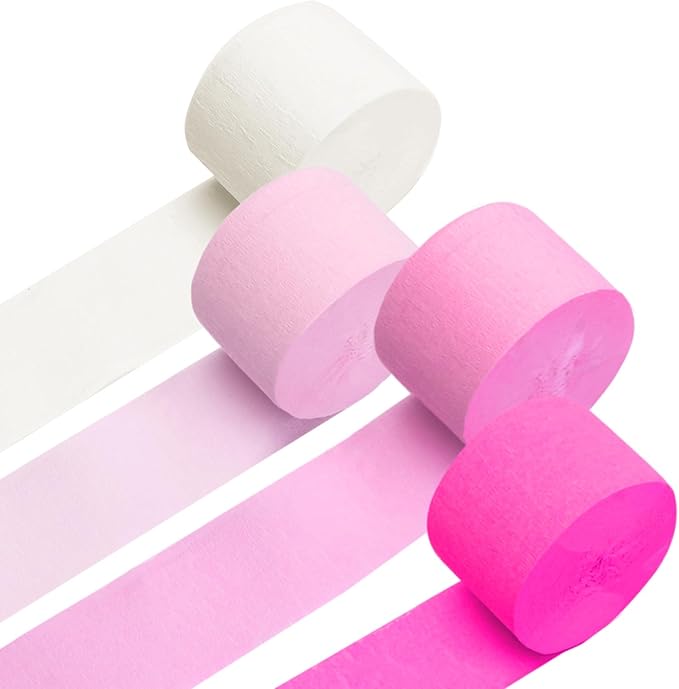 PIGETALE Crepe Paper Streamers 4 Rolls 328ft, Pack of Pink Peach and White Crepe Paper Party Streamers for Birthday Baby Shower Wedding Graduation Party Decorations (1.8Inch x 82Ft/Roll)