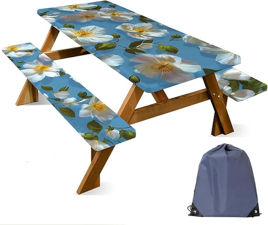 ANNA QUEEN 6FT White Flowers Spring Picnic Table Cover with Bench Covers Picnic Table Cover Set 3PCS 72"x30", Outdoor Bench and Tablecloth Furniture Protection