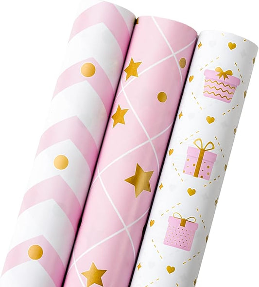 MAYPLUSS Pink Wrapping Paper Roll, Birthday Wrapping Paper for Girl, Pastel Pink Girly Gift Wrap Paper for Valentines Day, Christmas, Wedding, Baby Shower (Mini Roll, 17 inch x 120 inch Per Roll)