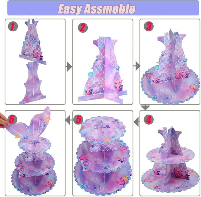 MRPAPA 2Pack Mermaid Cupcake Stand, 3 Tier Party Decorations Mermaid Theme Cupcake Holder Baby Shower Cup Cake Holder Birthday Dessert Stand