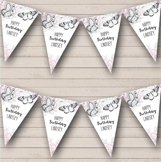 Happy Pink Watercolour Doodle Butterflies Personalized Birthday Party Bunting - Hanging Party Decoration - Birthday Party Banner Garland | Decorative Party Supplies