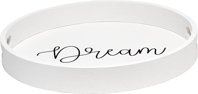 Elegant Designs HG2013-WDR Decorative 13.75'' Round Wood Serving Tray w/Handles, Dream, White Wash Dream