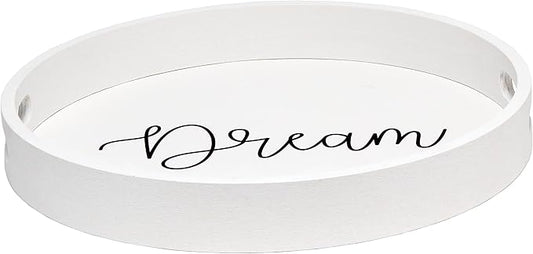 Elegant Designs HG2013-WDR Decorative 13.75'' Round Wood Serving Tray w/Handles, Dream, White Wash Dream