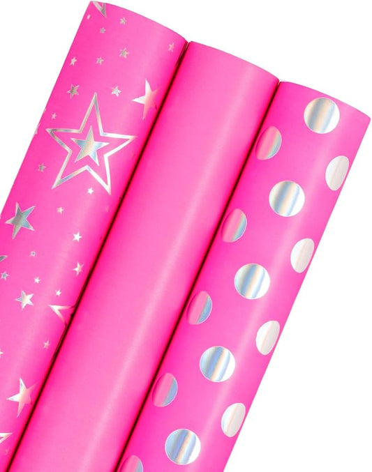 WRAPAHOLIC Pink Girls Wrapping Paper Roll - Mini Roll - 3 Roll - 17 Inch x 120 Inch - Foil Wrapping Paper for Kids Girls Birthday, Baby Shower, Wedding, Bridal Shower