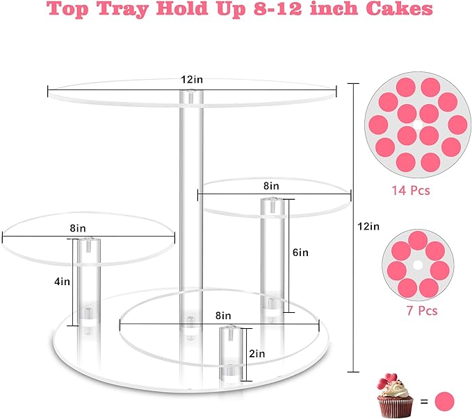 Cupcake Stand, 4 Tier Acrylic Cake Stand, Round Cake and Cupcake Stand Combo, Clear Tiered Cupcake Tower Stands for 50 Cupcakes, Cake Display Tree Stand for Wedding Birthday Party
