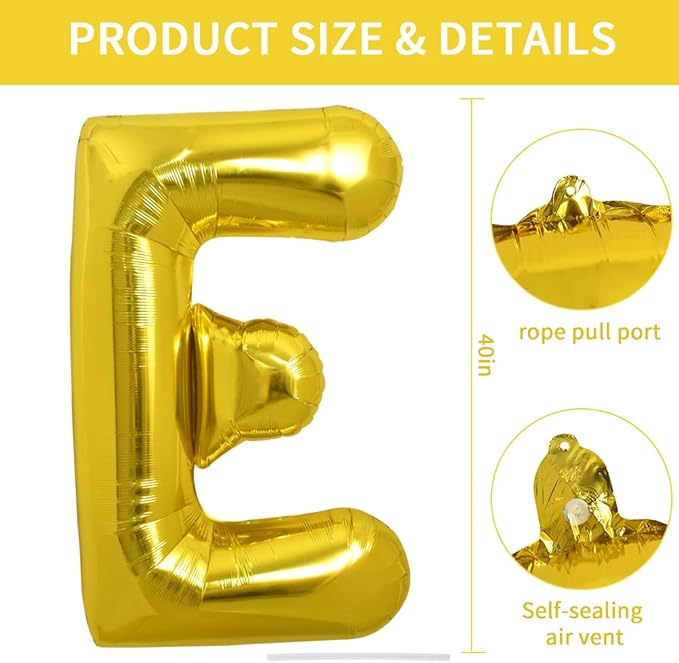 TONIFUL 40 Inch Large Gold Letter E Balloons, Foil Mylar Big Balloons for 2026 New Year Eve Graduation Wedding Baby Shower Birthday Party Anniversary Supplies Decorations