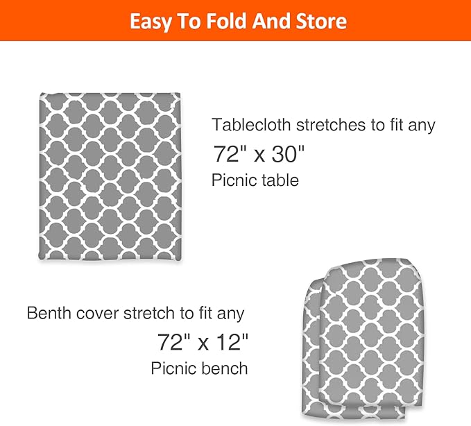 6ft Picnic Table and Bench Cover, Camping Essentials RV Gear, 72in Waterproof Windproof Outdoor Elastic All Around Tablecloth, Fitted Rectangle Tables and Seats, Gray-White Moroccan