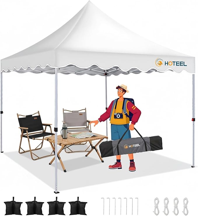 Hoteel 10x10 Pop Up Canopy Tent | One Person Setup Outdoor Shade, UPF 50+ and Waterproof, 210D Oxford Top, 3 Heights Adjustable, 600D Carry Bag for Beach, Events, Commercial Use (White)