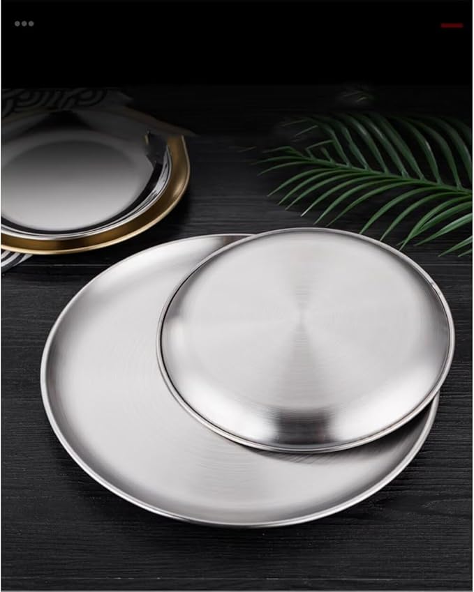 14.2in Round Silver Serving Tray, Stainless Steel Decorative Metal Tray for Coffee Table, Vanity, Perfume, Jewelry, and Entryway Catchall Organizer