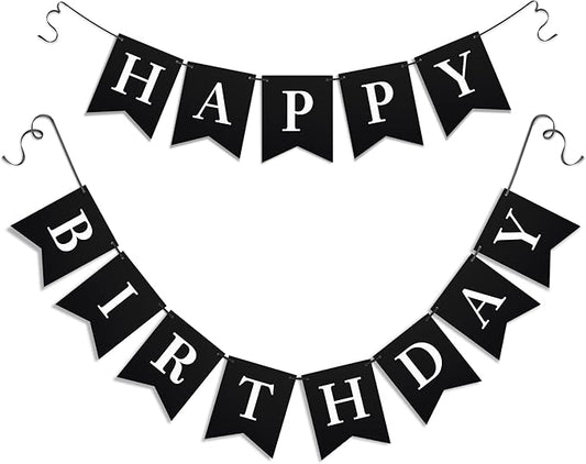 Black Happy Birthday Banner - Black Hanging Backdrop Sign With White Letters, Happy Birthday Sign Bunting Decorations For Men Women Kids Baby Shower Party Supplies (13pcs)