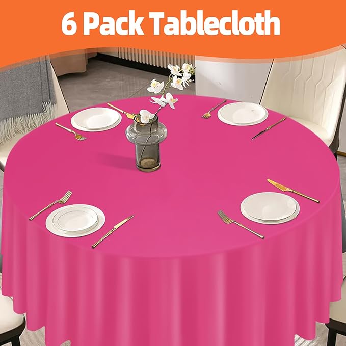 tujol Hot Pink 6 Pack Plastic Table Cloth 84", Disposable Round Tablecloth Table Cover, Plastic Tablecloths for Parties
