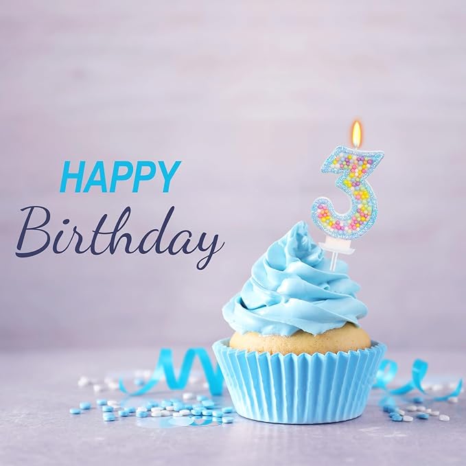 Birthday Candles - Number 3 Candle, Colorful Macaron Candles for Boys/Girls, Blue Cake Decorations, Theme Party Supplies