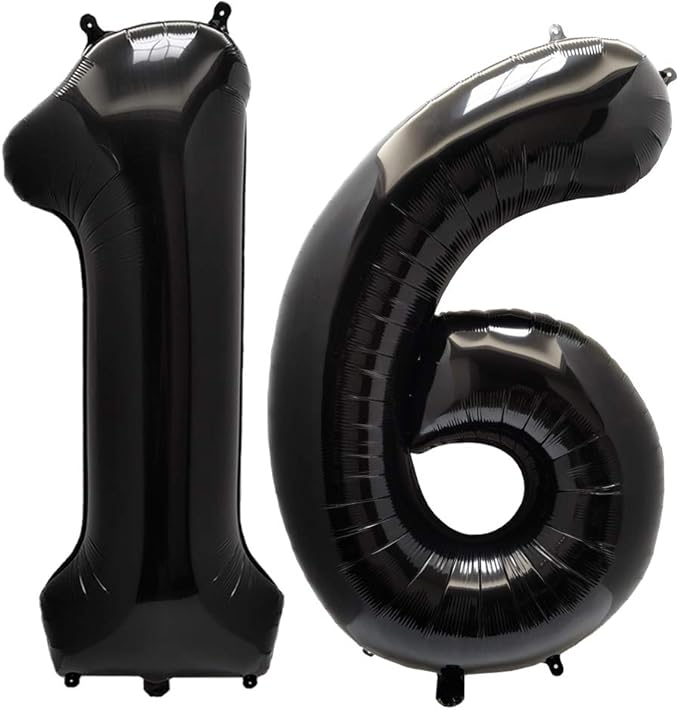 AULE 40 Inch Jumbo Black Foil Mylar Number Balloons for Boy Girl 16th Birthday Party Decorations 16 Years Old Anniversary Party Supplies