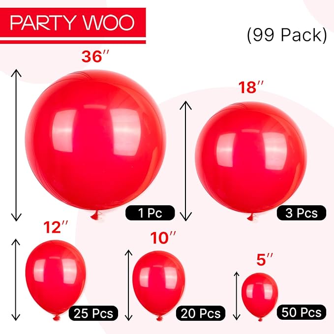 PartyWoo Red Balloons 99 pcs Different Sizes of 36 18 12 10 5 Inch Red Balloon Arch Kit Garland for Birthday Graduation Bachelorette Citizenship Anniversary Cherry Casino Party Decorations Red-Y57