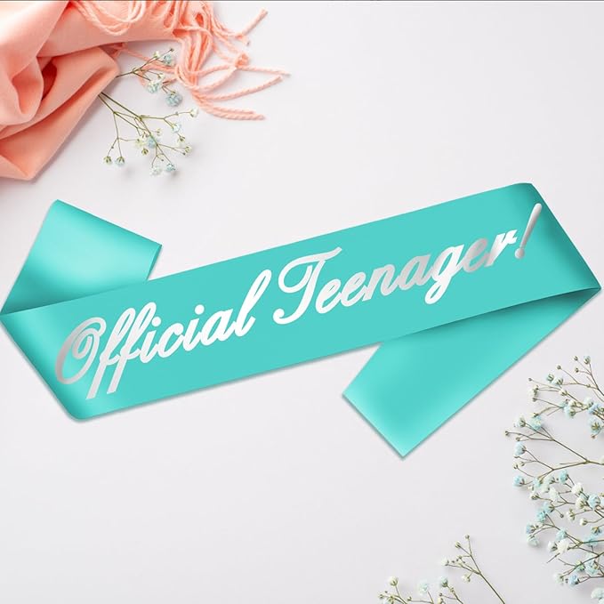 13th Birthday Sash, 'Official Teenager' Teal Silver Foil Sash for Girls' 13th Birthday Party Decorations, Ideal Girls' Gift