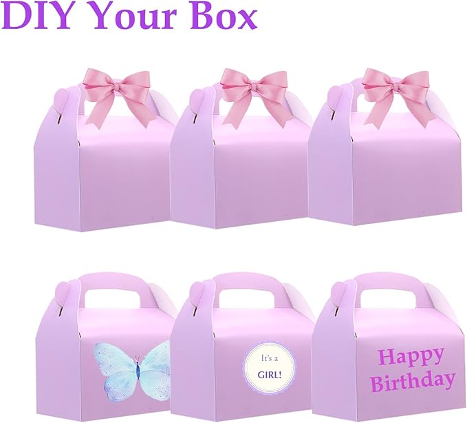 30-Pack Purple Party Favor Treat Boxes, Goodie Boxes, Gable Paper Gift Boxes with Handles. Perfect for Purple Birthday Party Baby Shower Decoration Supplies.