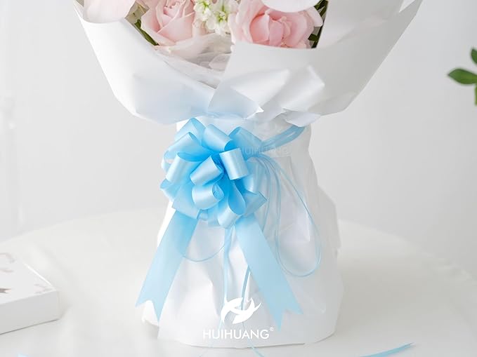 HUIHUANG Blue Bows for Gift Wrapping 12 PCS Baby Blue Pull Bows 4 inch Satin Gift Bow for Presents, Gift Basket, Paper Bag, Baby Shower Favors, Wrapping Accessories, Wedding Holiday Decor