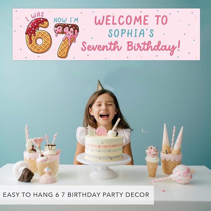 Andaz Press 13x48 Inch Custom 6 7 Birthday Banner Decorations, Personalized Birthday Banner with Custom Name, Ice Cream Theme 67 Happy Birthday Party Banner for Boys or Girls, Home or Party Décor