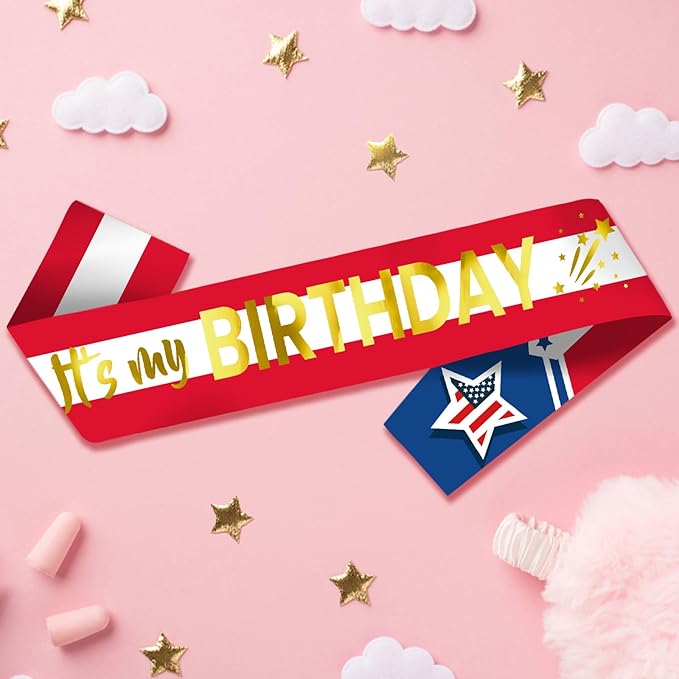 It's My Birthday Sash with Gold Foil - American Flag Birthday Sash Decorations for Girls or Boys, Women or Men, Sweet 16, 18th 21st 30th 40th or Any Happy Bday Party, USA Flag, Independence Day