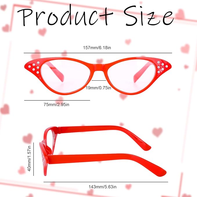10PCS Cat Eye Glasses with Rhinestones 50s 60s Retro Old Lady Glasses Party Costume Glass for Cossplay Dress Up Party Favor