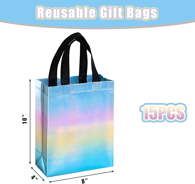 VGOODALL 15PCS Reusable Iridescent Gift Bags with Handles, 8"x4"x10" Bulk Party Favor Bags for Party Gifting, Birthdays, Weddings, Goodie Treats
