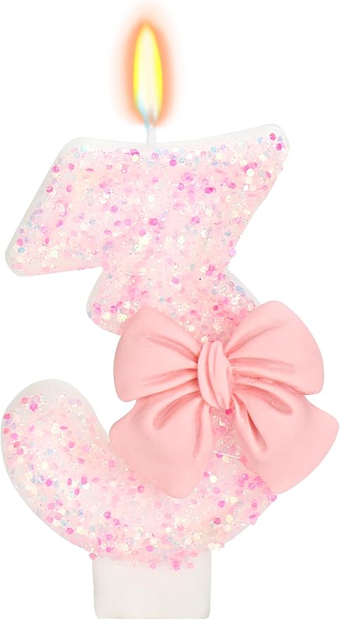 Birthday Candle for Cake, 3 Candle - Pink Glitter with Bowknot, 2.76 inch Happy Birthday Candle, Cake Topper Decoration for 3 Years Old Birthday Party (Number 3)