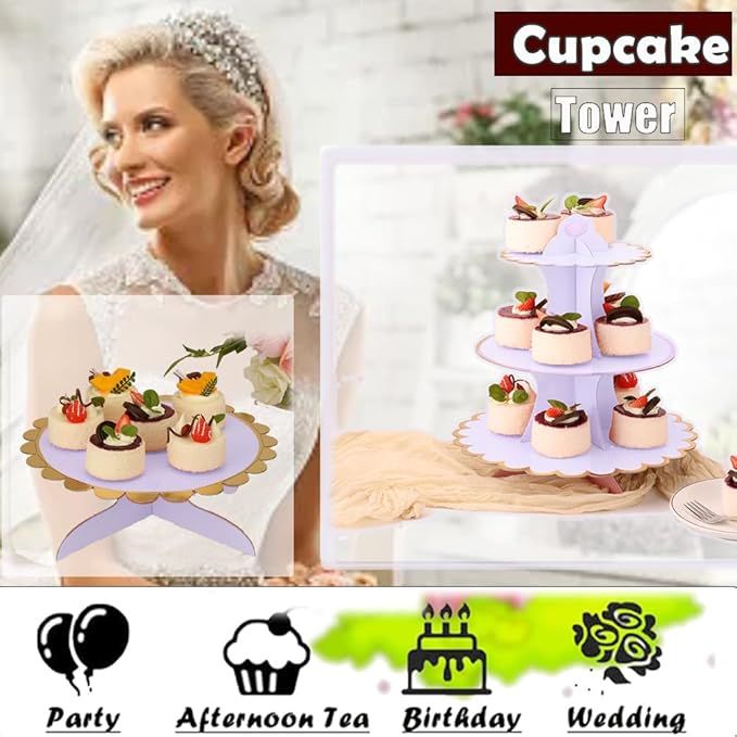 MRPAPA White Cardboard Cupcake Stand ,3 Tiered Cupcake Tower Party Cake Stand Tray, Easy Assemble Dessert Holder fit for Party , Wedding, Afternoon Tea, Birthday (Set of 3)