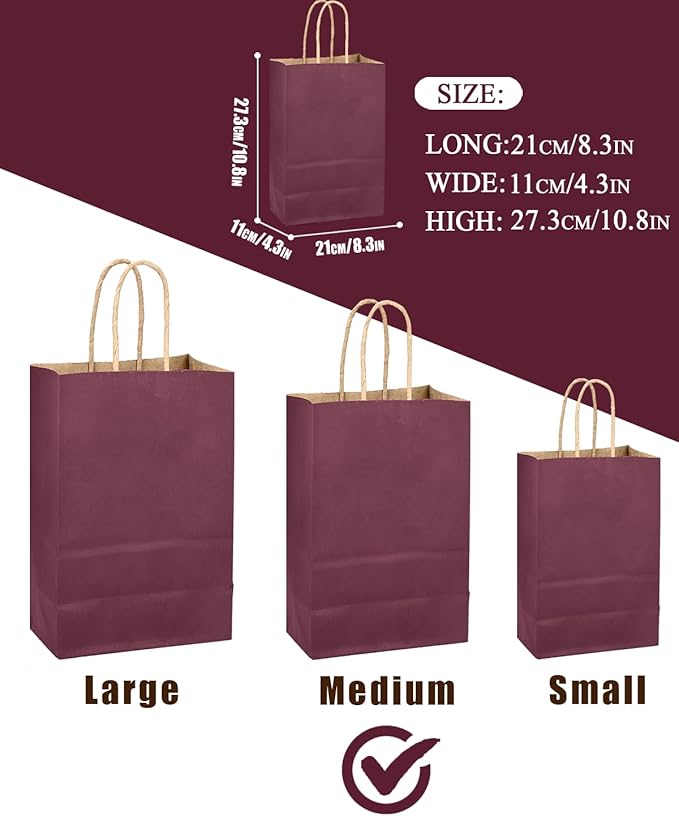 qiqee Purplish Red Gift Bag with Handles Bulk 24Pcs Paper Bags -10.6"x8.3"x4.3"Party Favor Bags - Solid Color