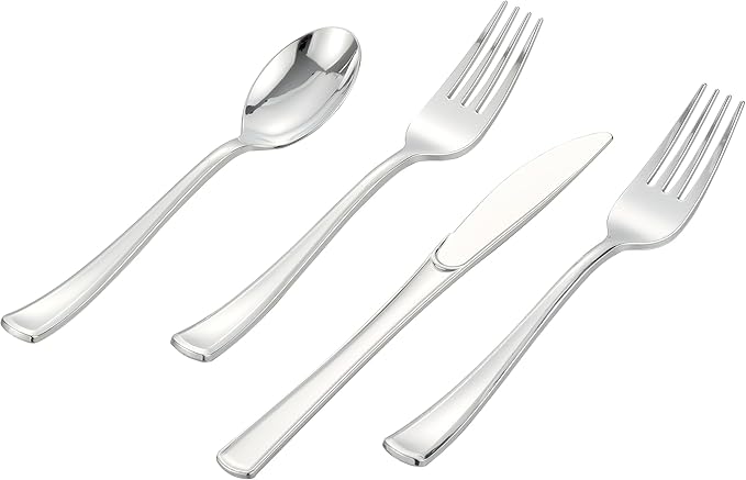 400 PCS Silver Plastic Silverware Set,Disposable Cutlery Set Heavy Duty Flatware for Party,Weddings-200 Silver Forks,100 Knives,100 Spoons