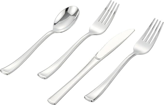 400 PCS Silver Plastic Silverware Set,Disposable Cutlery Set Heavy Duty Flatware for Party,Weddings-200 Silver Forks,100 Knives,100 Spoons