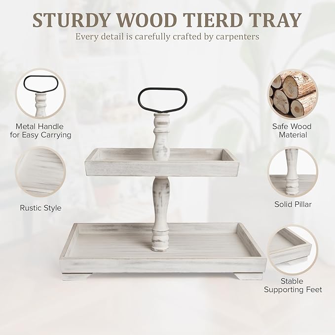 Rustic Wooden 2 Tiered Tray Stand, Farmhouse Tiered Serving Tray Decor, Rectangle Wood Display Stands for Food Fruits Cupcake and Seasonal Festive Decorations (White)