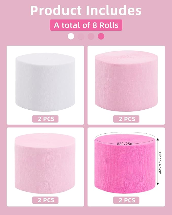8 Rolls Crepe Paper Streamers Party Decorations, 1.77 Inch x 656 Feet Crepe Streamers, Pink Streamers Birthday Party Decorations
