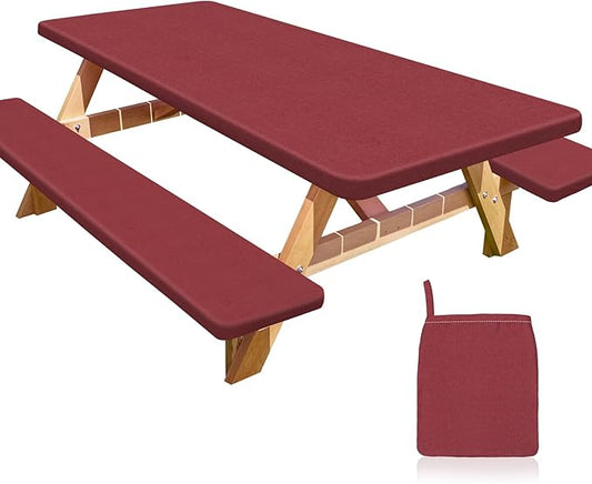 Picnic Table Cover with Bench Covers Portable Table Cloth Built-in Storage Pocket Fitted Tablecloth with Elastic Edges Waterproof Camping Essentials for Indoor Outdoor Rv,72in,Red Texture