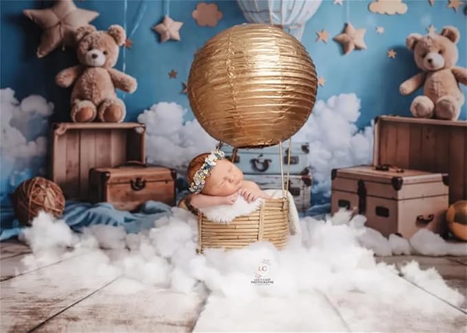 Kate Hot Air Balloon Backdrop for 1st Birthday Party Cartoon Teddy Bear Background Photo Studio Props, 7x5ft