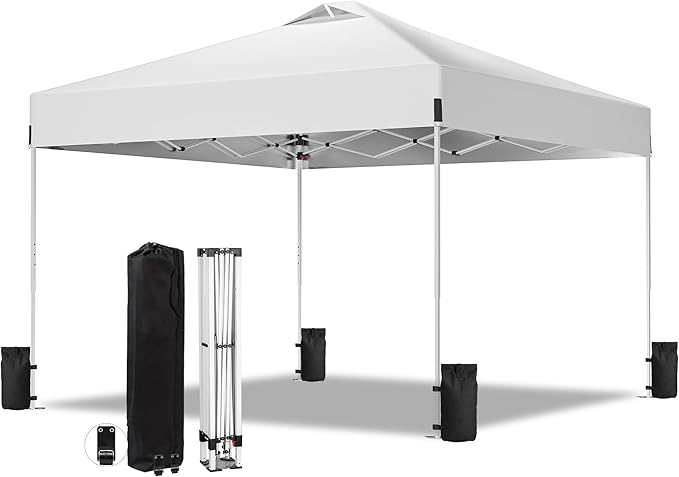 10 x 10FT White Pop Up Canopy Tent with Wheeled Carry Bag, Sandbags, Easy Setup Outdoor Portable Gazebos Shelter Sun Shade for Events, Party, BBQ, Backyard, Adjustable Height Canopy