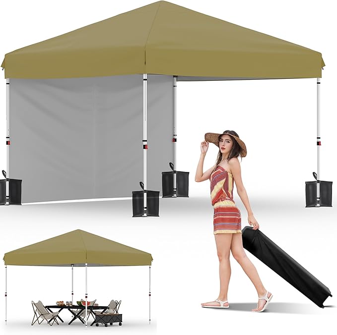 Garvee 10x10 Pop Up Canopy Tent with 1 Removable Sidewall, Heavy Duty Commercial Instant Shelter with One-Person Setup, UPF 50+ Waterproof, 100 Sq Ft Shade for Outdoor Events, Camping, Farmers Market