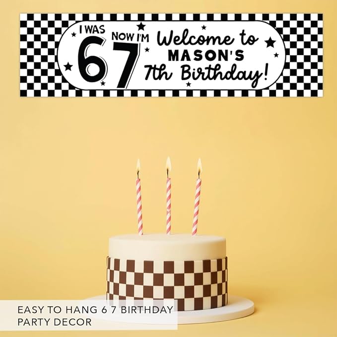 Andaz Press 13x48 Inch Custom 6 7 Birthday Banner Decorations, Personalized Birthday Banner with Custom Name, Black and White Checkered 67 Happy Birthday Party Banner for Boys, Home or Party Décor