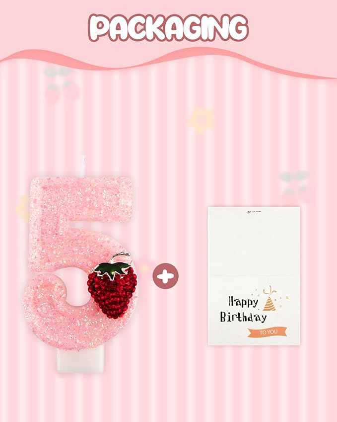 Birthday Candles for Cake, Pink Number Candles, Cake Candles with Greeting Card for Birthday Party Wedding Anniversary Celebrations (Strawberry 5 Candle)