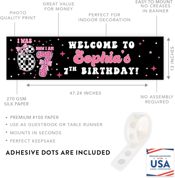 Andaz Press 13x48 Inch Custom 6 7 Birthday Banner Decorations, Personalized Birthday Banner with Custom Name, Coquette Pink Bow 67 Happy Birthday Party Banner for Girls, Home or Party Decor Backdrop