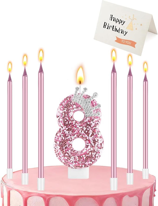 Birthday Candles for Cake, Pink Number Candles, Cake Candles with Greeting Card for Birthday Party Wedding Anniversary Celebrations (8 Candle, Silver Crown)