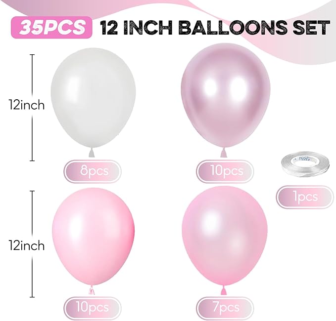 Pink Balloons Set, 12 Inch Metallic Light Baby Pink and White Balloon, Pearlpink Ivory Latex Balloons for Girls Women Birthday Baby Shower Wedding Valentine Bachelorette Easter Christmas Party Decor