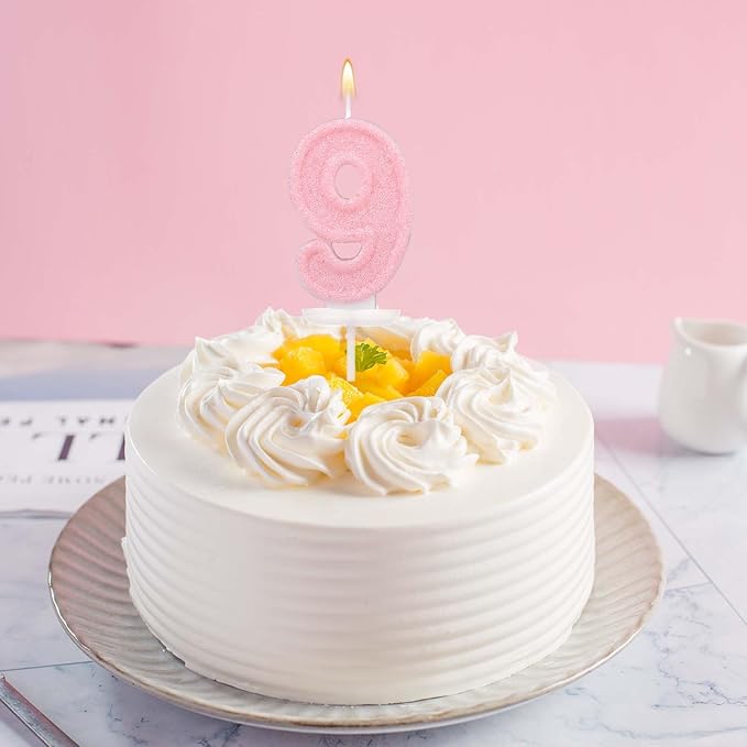 Pink Number Birthday Candles, Romantic Cake Glitter Pink Number Candles Anniversary Cake Topper Decoration Cute Birthday Party Supplies for Wedding Anniversary Celebration Supplies (9)