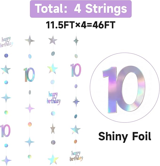 GCQQ 10th Birthday Decorations - 46FT Iridescent 10 year old Circle Dot Twinkle Star Garland 10th Birthday Metallic Holographic Streamer Banner Backdrop for Girls Boys Teen Kids Birthday Party Decor