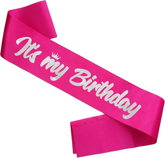 It's My Birthday Sash Hot Pink with Glitter Silver Letters Happy Birthday Sash for Women Girl Bday Gift Ideas Party Favors