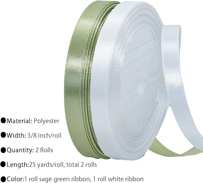 2 Rolls Sage Green Ribbon, 3/8 Inch 50 Yards Dusty Sage Green White Satin Fabric Ribbon for Wedding Party, Gift Wrapping, Baby Shower, Flower Bouquets, DIY Crafts, Birthday and Christmas Decorations