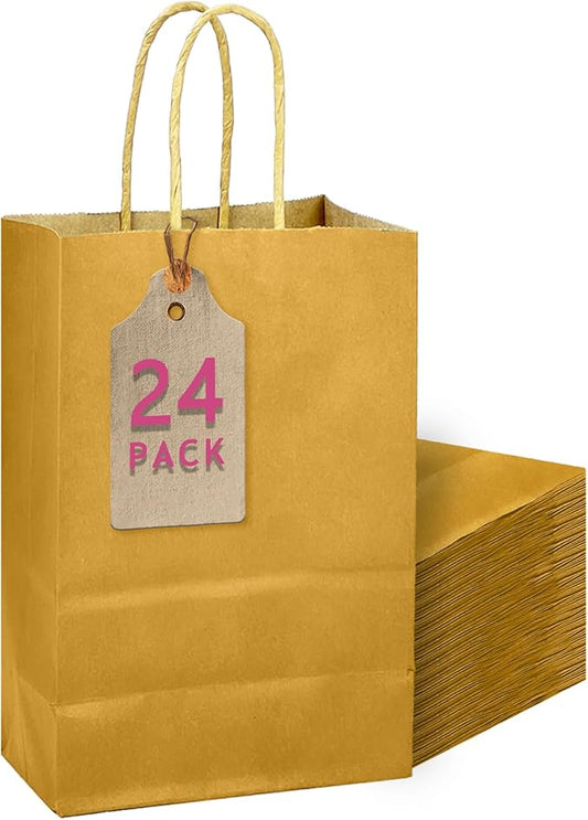 qiqee Mustard Yellow Gift Bag with Handles Bulk 24Pcs Paper Bags -10.6"x8.3"x4.3"Party Favor Bags - Solid Color