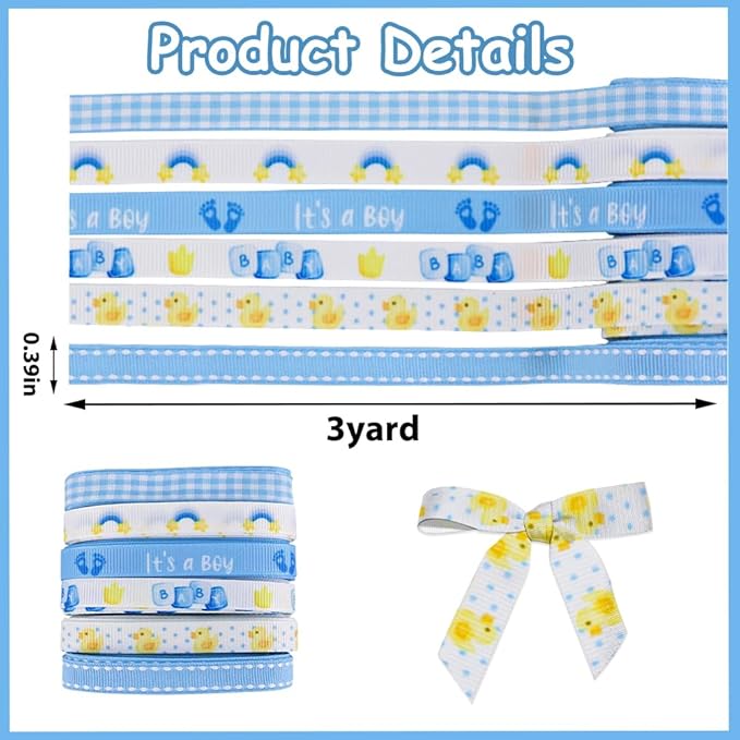 6 PCS 18 Yards 3/8" Baby Shower Ribbons Blue White Buffalo Plaid Grosgrain Ribbons It's a Boy Rainbow Feet Fabric Ribbon for DIY Baby Shower Birthday Party Decorations