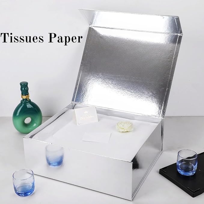 UoeRing 6 Pack Silver Gift Box Large 13.5x11.8x4.7 inch Luxury Bridesmaid Proposal Box for Presents with Magnetic Closure Lid Collapsible,Contains Card, Ribbon, Tissue Paper,Shredded Paper Filler